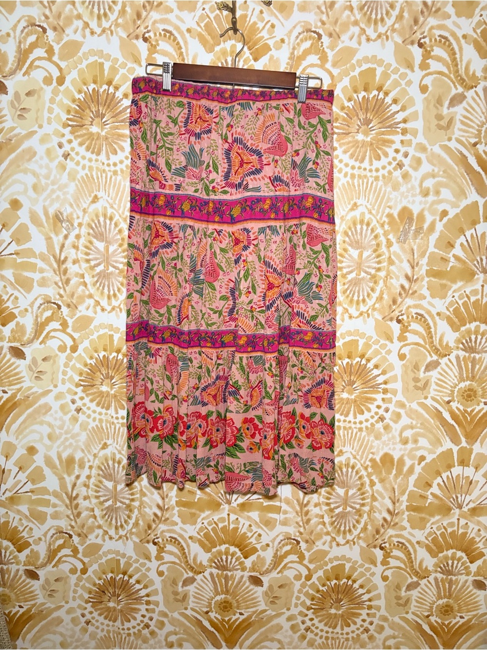 Cynthia Rowley Pink Floral Bird Print Tiered Midi Skirt | Boho Cottagecore - Picture 4 of 8